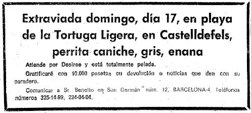 Anuncio de la prdida de una perra en 'La Tortuga Ligera' de Gav Mar publicado en el diario LA VANGUARDIA (21 de Junio de 1973)